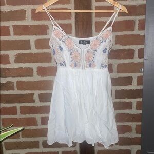 Lulu's Cream Dress with Blue and Pink floral Embroidery, XS